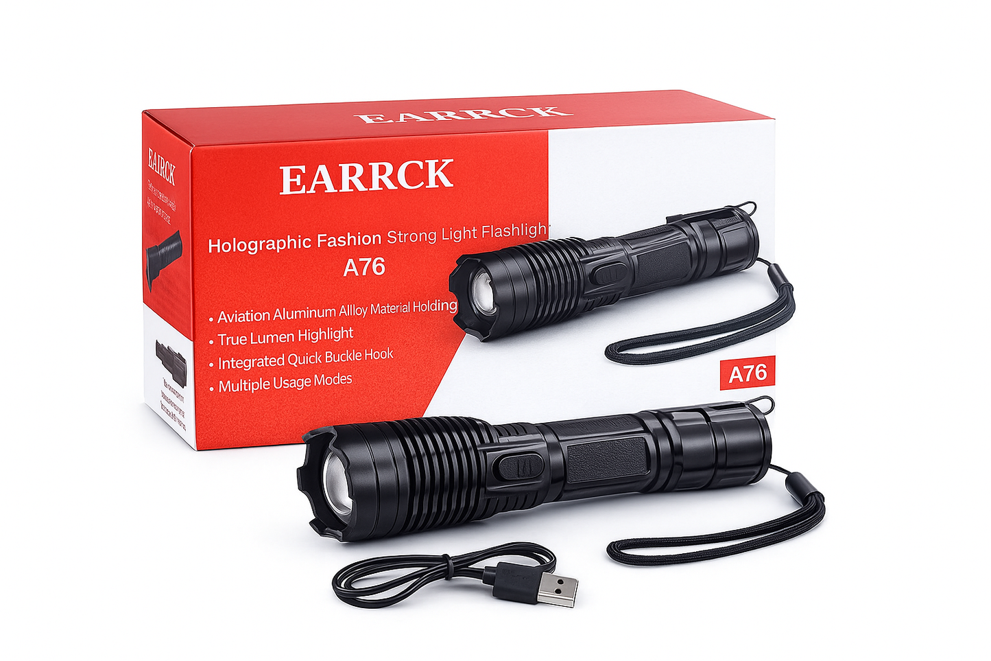 EARRCK A76 Rechargeable Tactical Flashlight – High Lumen, Zoomable, Multi-Mode