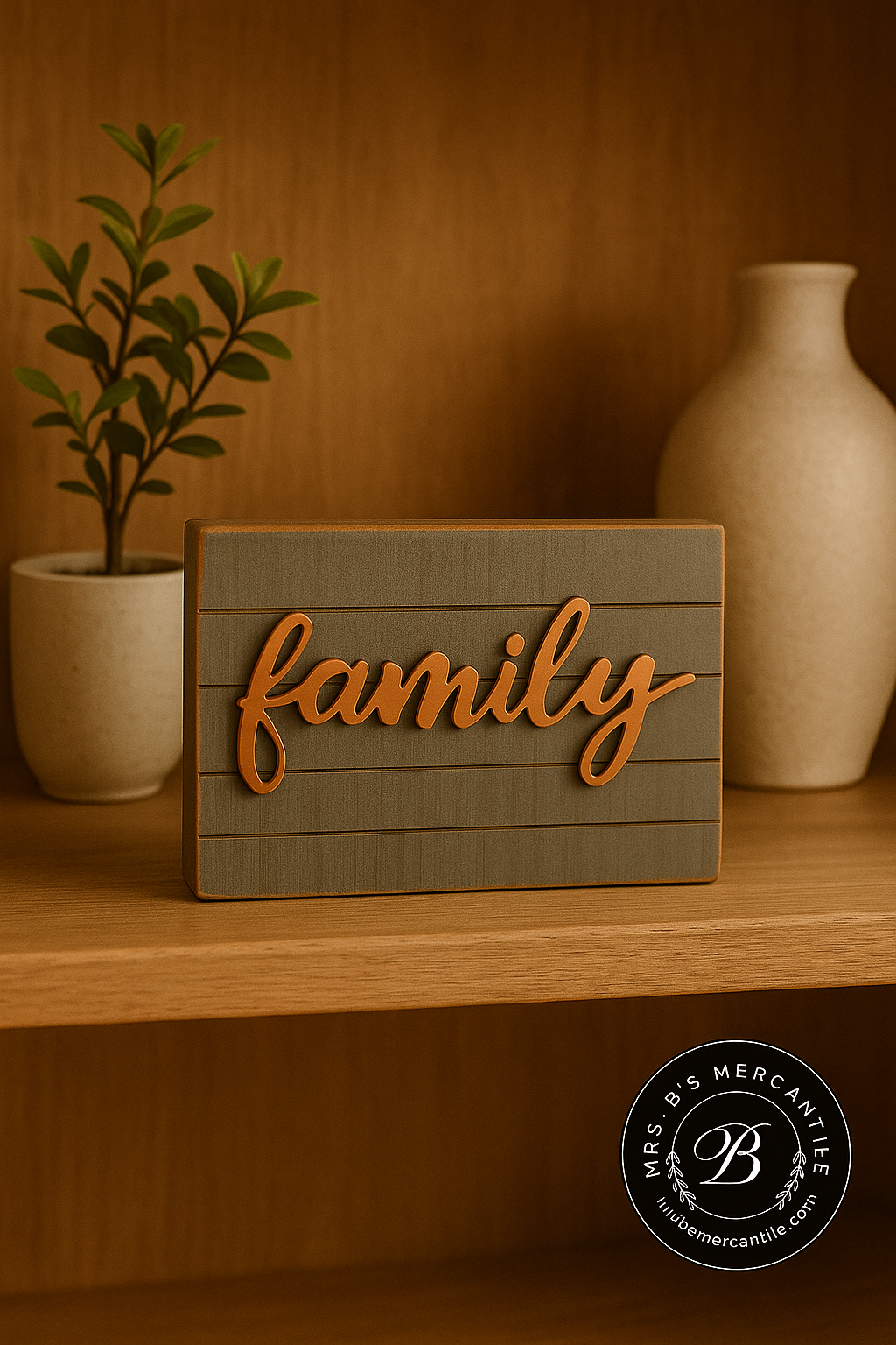 Wooden “Family” Table Sign with Copper Lettering – Rustic Farmhouse Home Decor | 7" x 5" x 1.75"