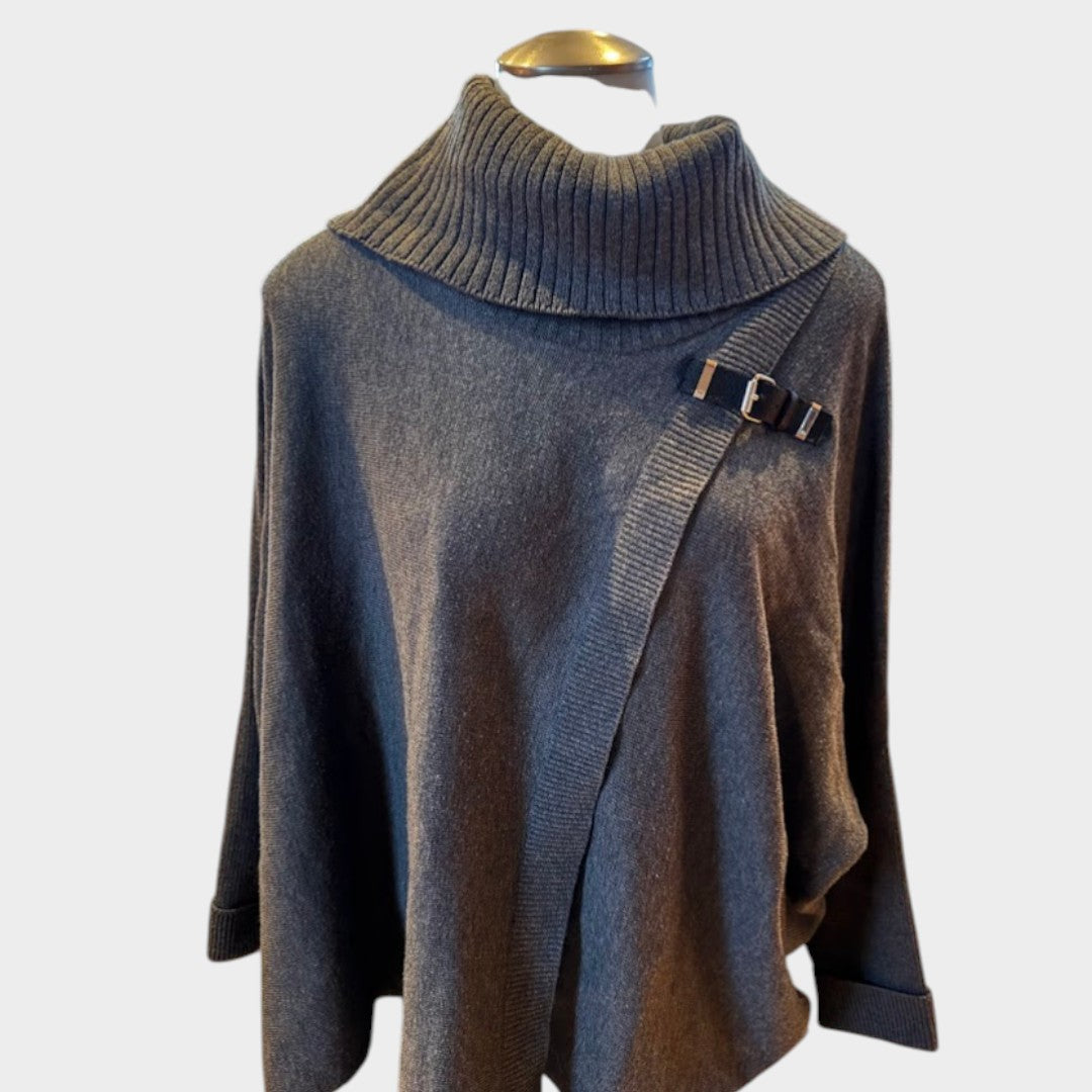 Calvin Klein Charcoal Gray Buckle Cowl Neck Poncho Sweater S/M