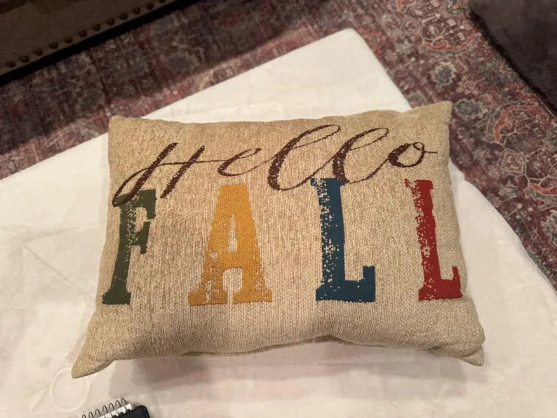 Hello Fall Throw Pillow: Embroidered Autumn Farmhouse Cushion