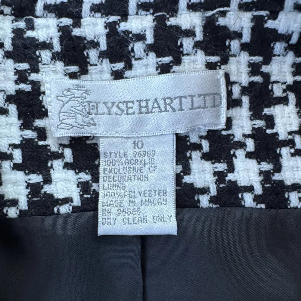 Elyse Hart Ltd Black & White Houndstooth Blazer Jacket – Fringe Trim (Size 10)