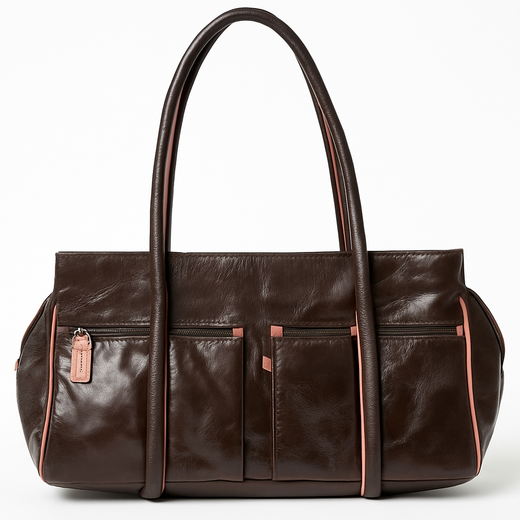 Petusco Brown Distressed Leather Satchel with Pink Trim & Exterior Pockets