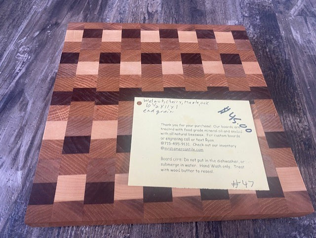 Handcrafted End Grain Cutting Board – Walnut, Maple, Oak & Cherry | 11” x 12.5” Butcher Block 07.47