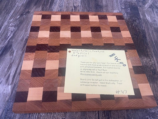 Handcrafted End Grain Cutting Board – Walnut, Maple, Oak & Cherry | 11” x 12.5” Butcher Block 07.47