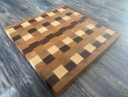 Board 07.47 Handcrafted End Grain Cutting Board – Walnut, Maple, Oak & Cherry | 11” x 12.5” Butcher Block