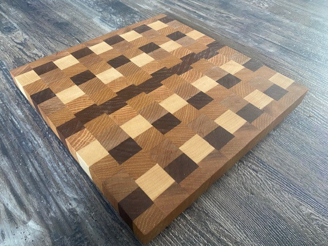 Handcrafted End Grain Cutting Board – Walnut, Maple, Oak & Cherry | 11” x 12.5” Butcher Block 07.47