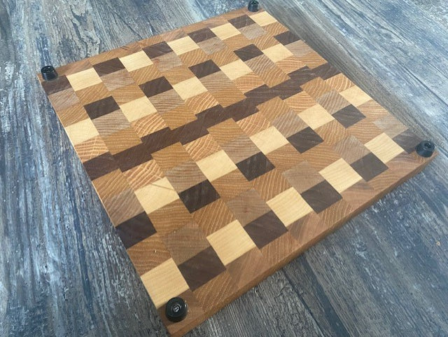 Handcrafted End Grain Cutting Board – Walnut, Maple, Oak & Cherry | 11” x 12.5” Butcher Block 07.47