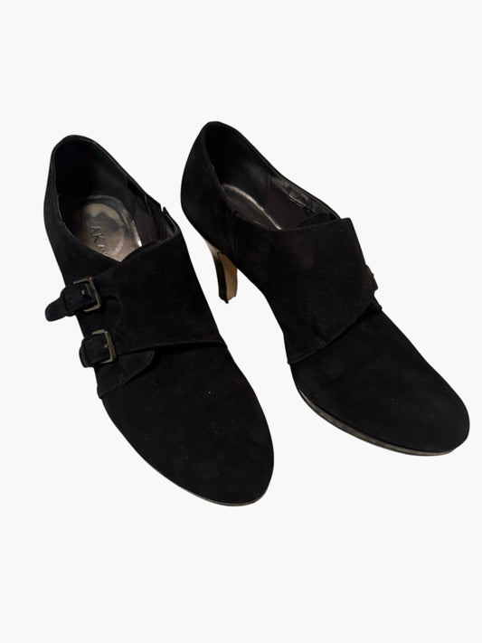 AK Anne Klein Black Suede Double Buckle Heeled Booties Size 6.5M