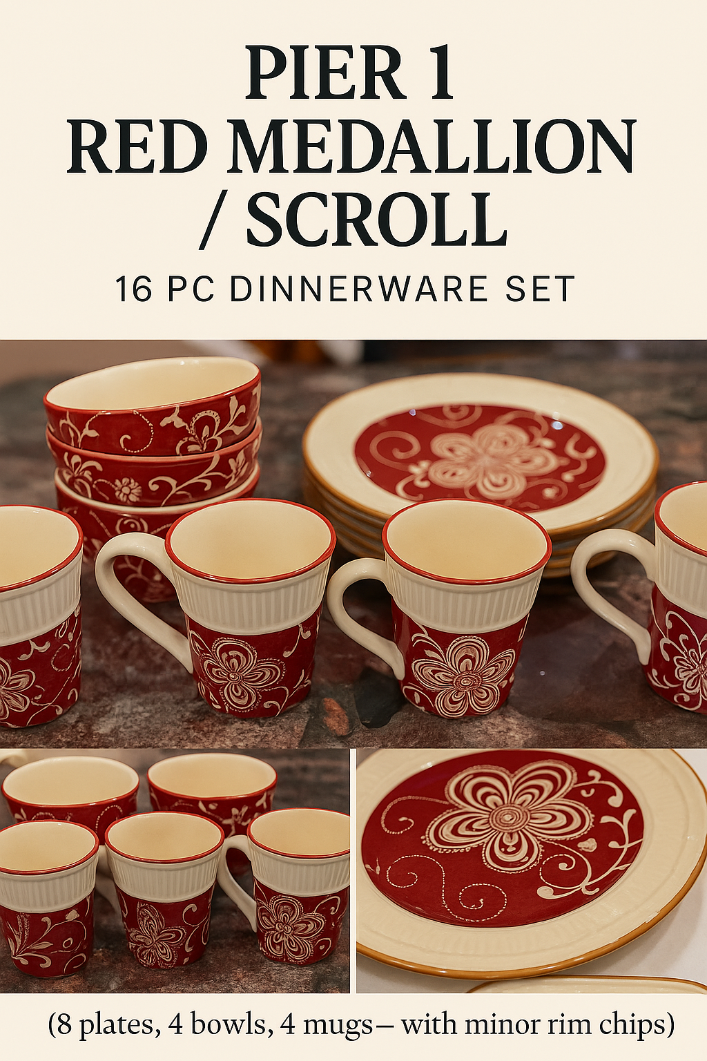 Pier 1 Red Medallion Scroll Dinnerware Set – 16 Pieces (Service for 4)