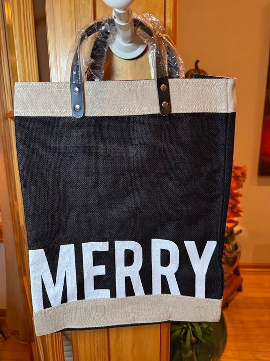 “MERRY” Jute Tote Bag with Leather Handles – Holiday Market Bag | Winter • Shopping • Everyday Carry