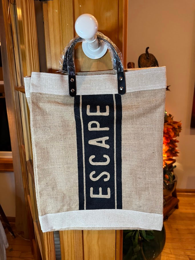 “ESCAPE” Jute Tote Bag with Leather Handles – Rustic Travel Bag | Beach • Market • Everyday Carry
