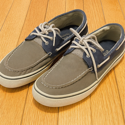 Men’s Canvas Boat Shoes Gray & Navy Lace Up Casual Deck Shoes Size 10.5