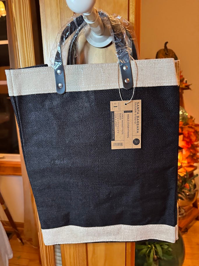 “MERRY” Jute Tote Bag with Leather Handles – Holiday Market Bag | Winter • Shopping • Everyday Carry