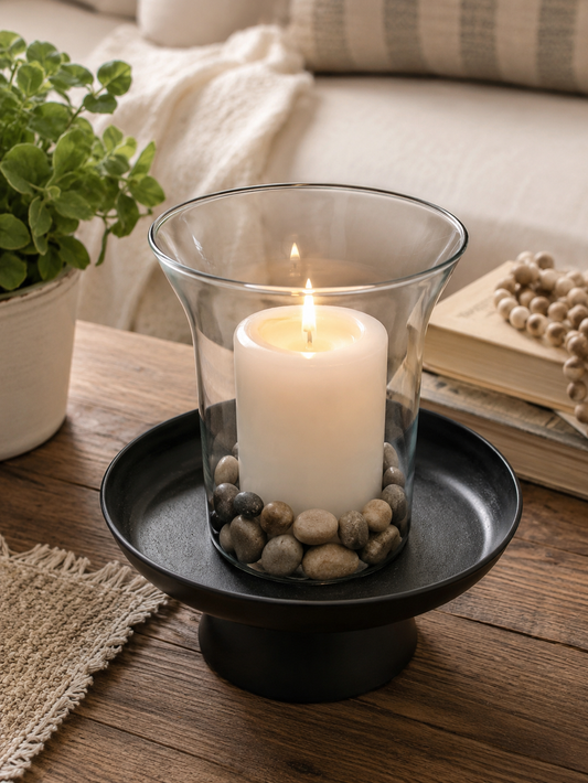 Black Metal Pedestal Tray with Glass Hurricane Vase 11” | Farmhouse Candle Holder Centerpiece Decor