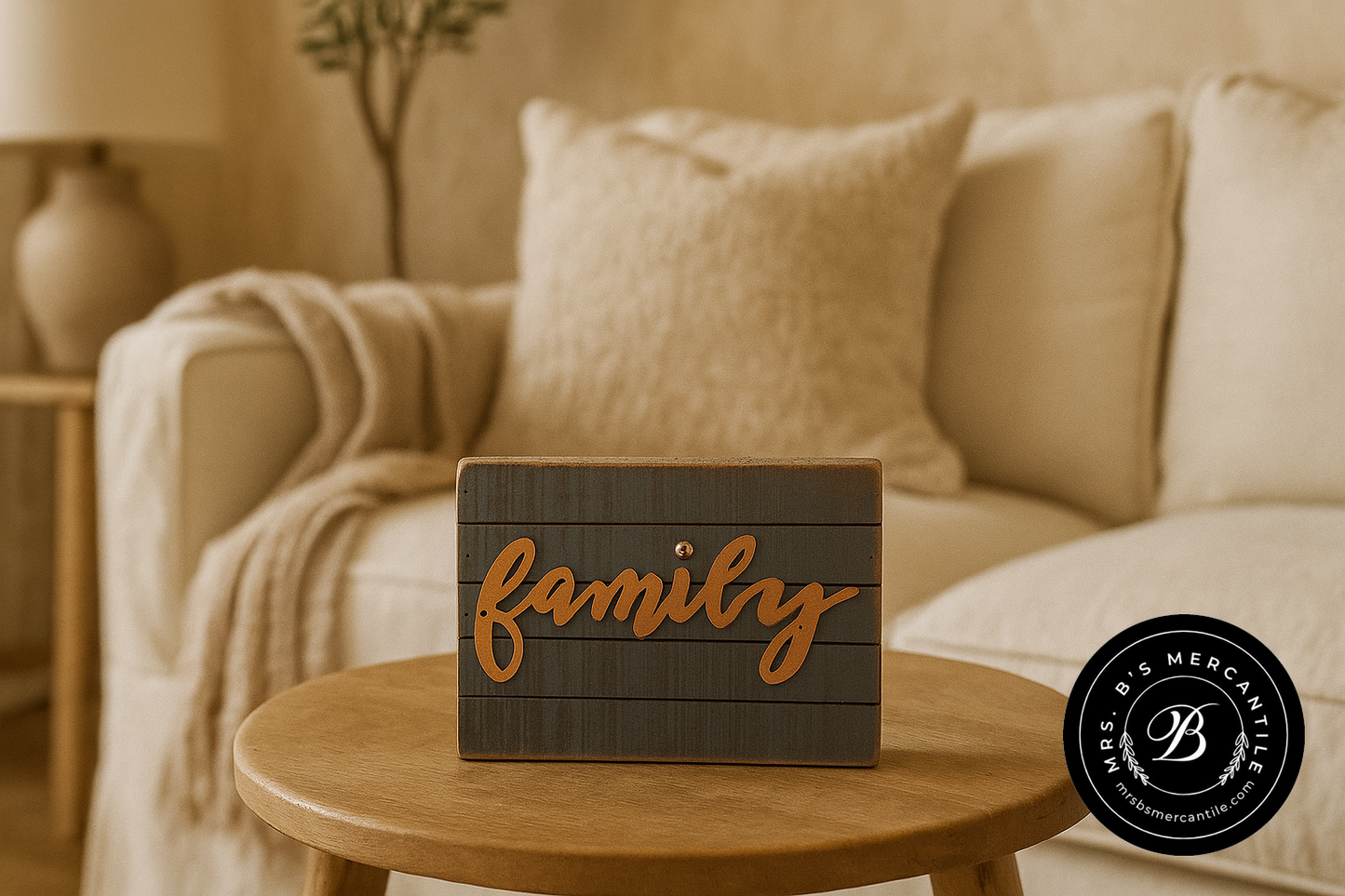 Wooden “Family” Table Sign with Copper Lettering – Rustic Farmhouse Home Decor | 7" x 5" x 1.75"
