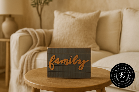 Wooden “Family” Table Sign with Copper Lettering – Rustic Farmhouse Home Decor | 7" x 5" x 1.75"