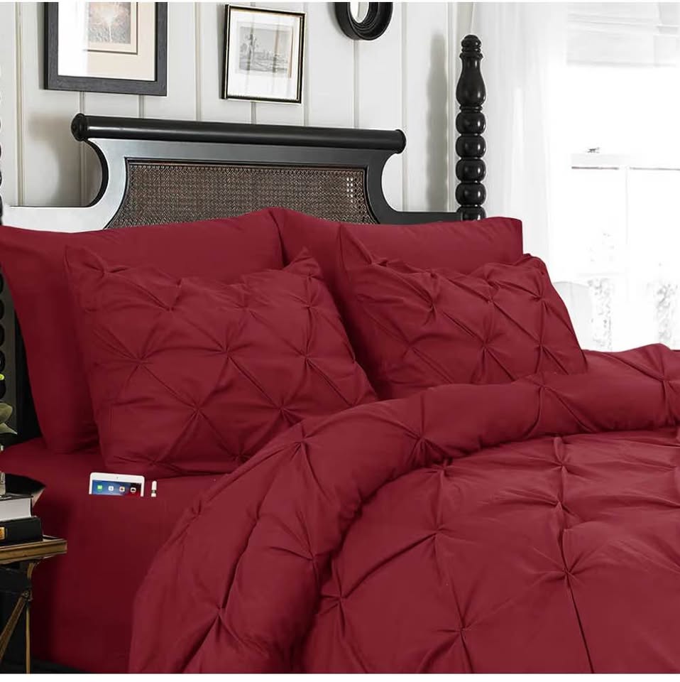Queen 7-Piece Burgundy Pinch Pleat Comforter Set – Sheets + Shams Included