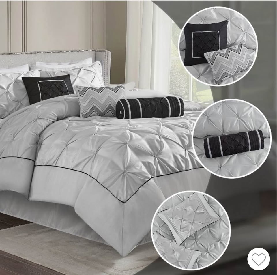 New Queen 7-Piece Gray Pintuck Comforter Set w/ Decorative Pillow