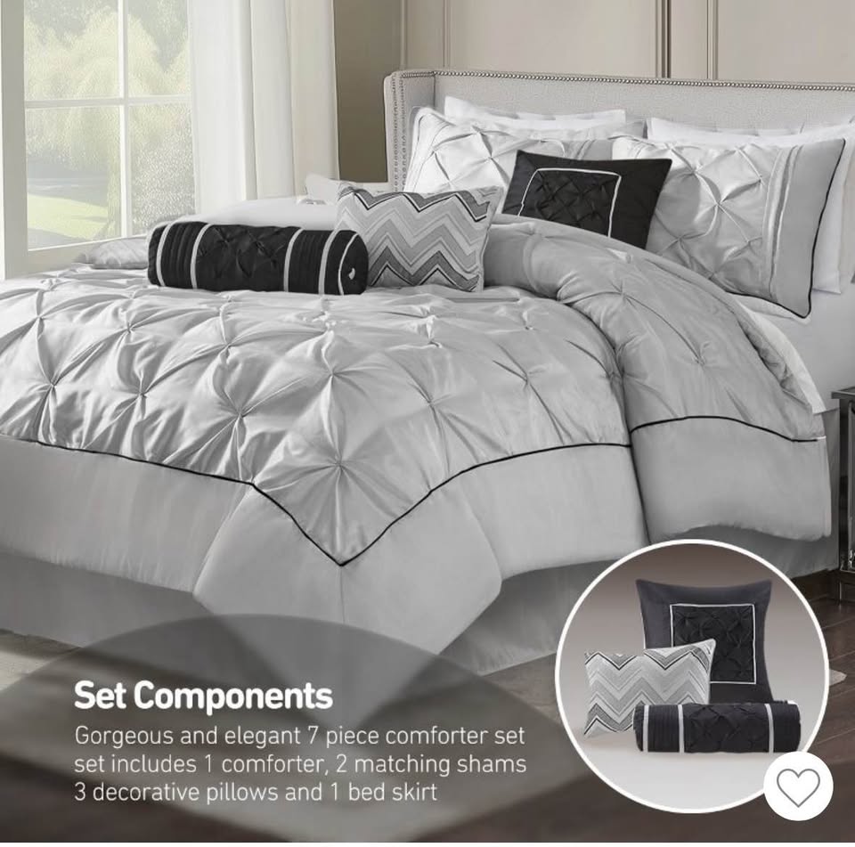 New Queen 7-Piece Gray Pintuck Comforter Set w/ Decorative Pillow