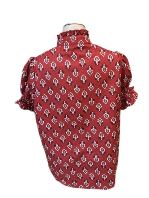Women's Burgundy Boho Print Smocked Ruffle Neck Blouse Size Medium