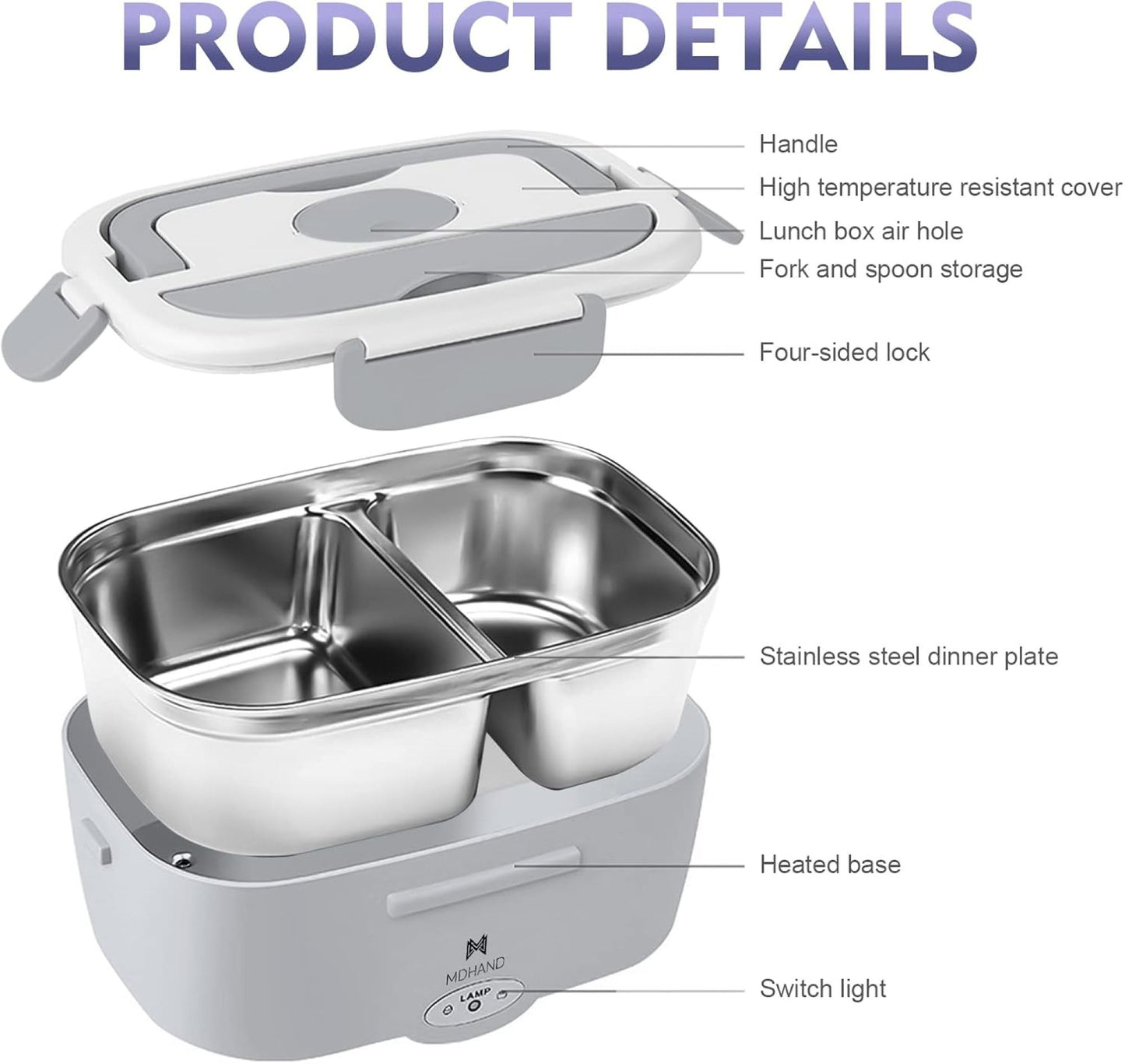 MDHAND Electric Lunch Box – Portable Self-Heating Food Warmer 110V/12V/24V for Work, Car & Outdoors with Lunch Bag New In Box