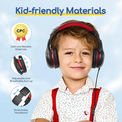Kids Wired Over-Ear Headphones – Volume Limited, Adjustable, Red & Black EarFun Headset