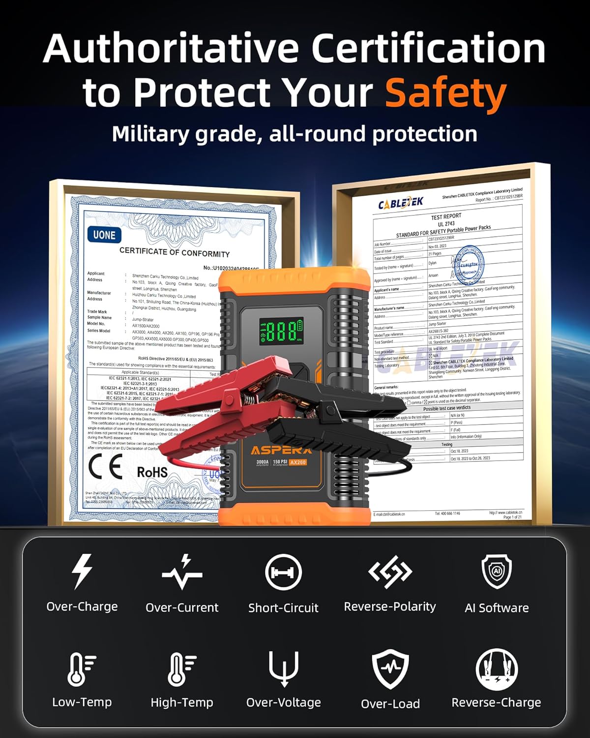 ASPERX AX260 Jump Starter with Built-In Air Compressor — Open Box