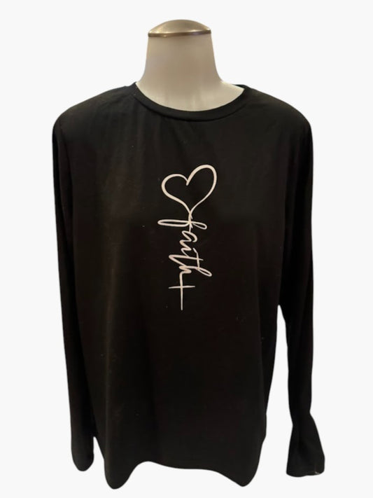 Black Faith Graphic Long Sleeve Top – Heart Cross Design – Size Medium