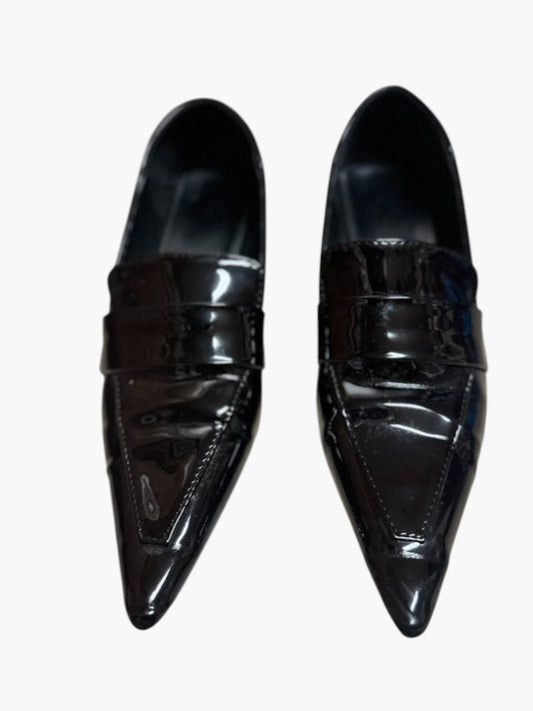 Women’s Black Patent Pointed Toe Kitten Heel Loafers Size 7