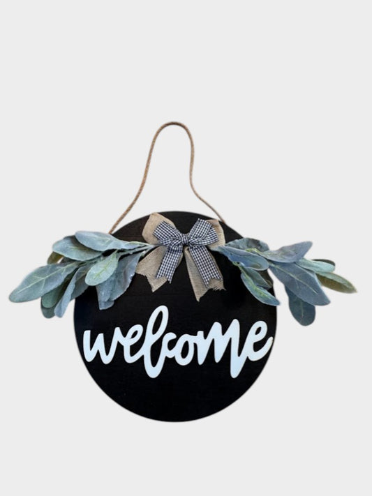 Farmhouse Round Welcome Door Hanger with Greenery & Burlap Bow – 12” Rustic Wall Decor
