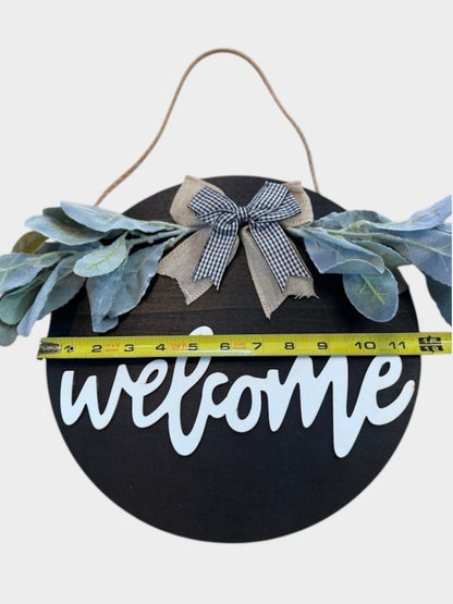 Farmhouse Round Welcome Door Hanger with Greenery & Burlap Bow – 12” Rustic Wall Decor