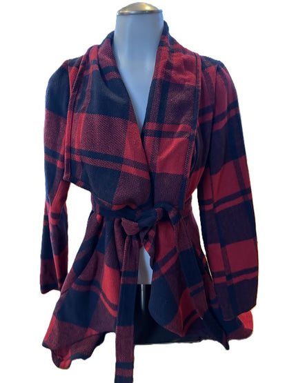 Favlux Red & Black Plaid Belted Cardigan Jacket Women’s Small Buffalo Check Wrap Coat