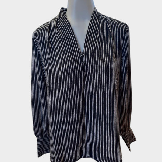 Adrianna Papell Navy & White Striped Blouse Women’s Small Long Sleeve Stretch Top