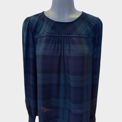 J.Crew Navy Blue Plaid Blouse Women’s Small Sheer Long Sleeve Top