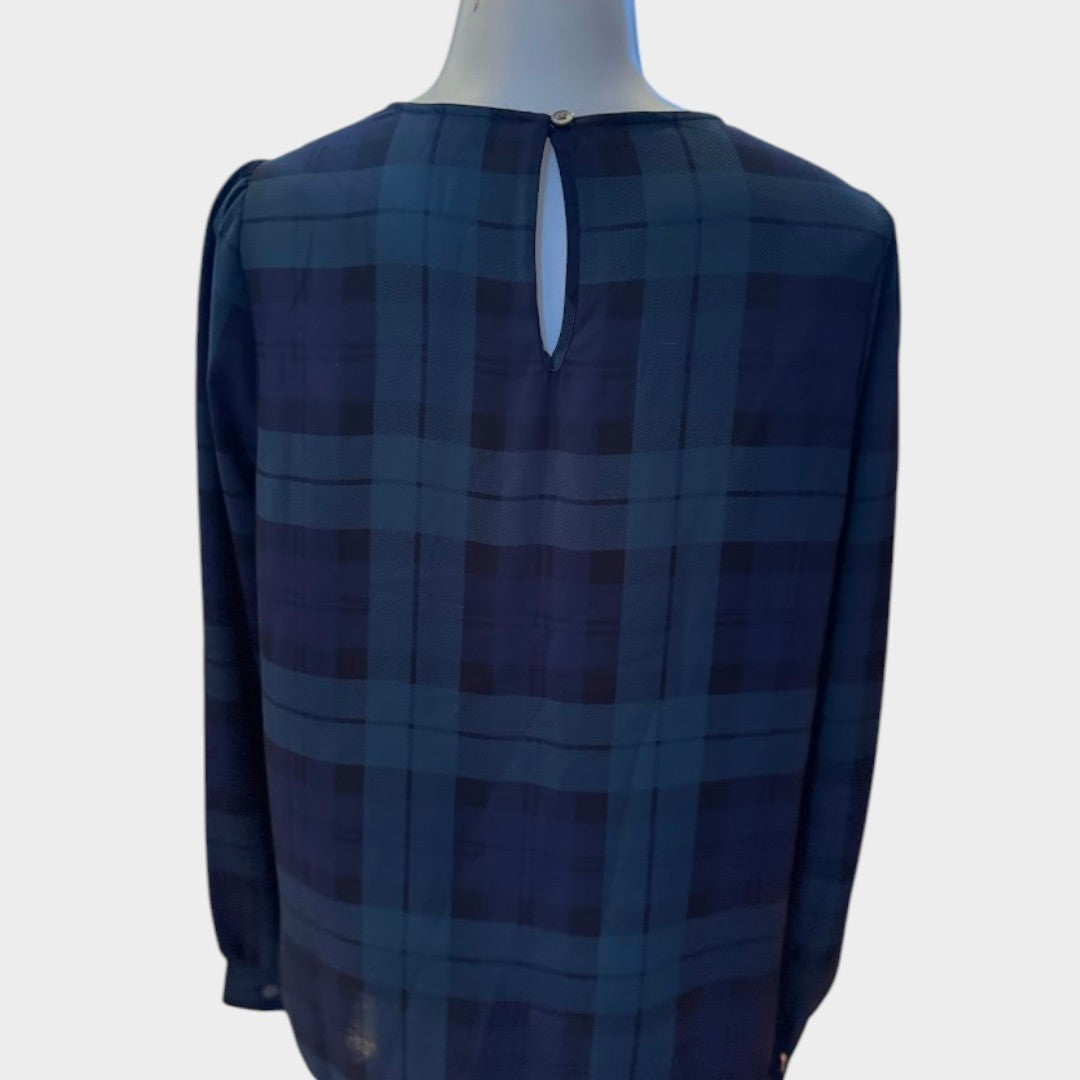 J.Crew Navy Blue Plaid Blouse Women’s Small Sheer Long Sleeve Top
