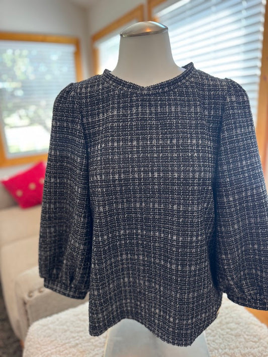 Anne Klein Anne Klein Black & White Textured Knit Puff Sleeve Top Size Small