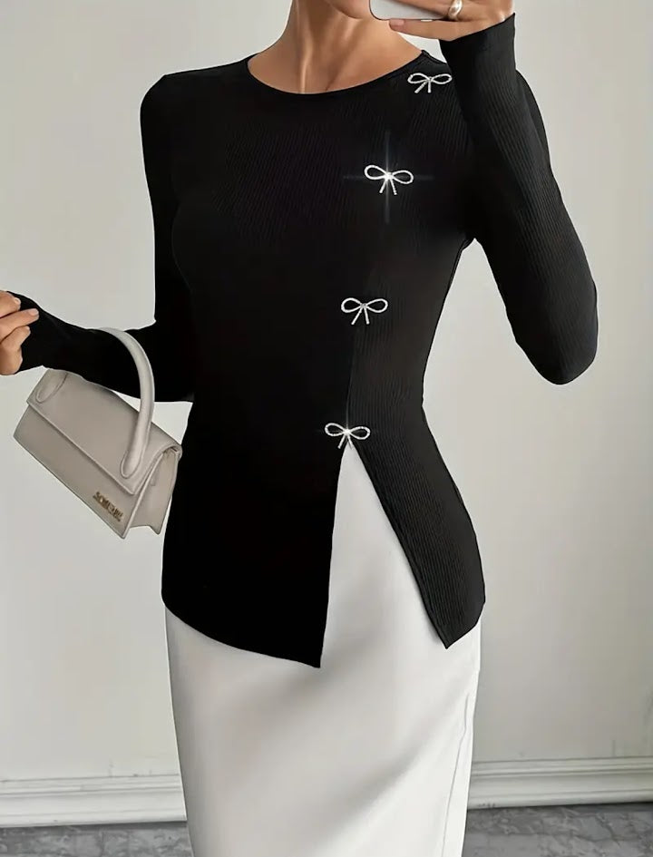 Black Ribbed Bow Detail Top – Size Medium, Long Sleeve Slim Fit Elegant Knit