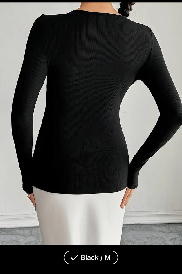 Black Ribbed Bow Detail Top – Size Medium, Long Sleeve Slim Fit Elegant Knit