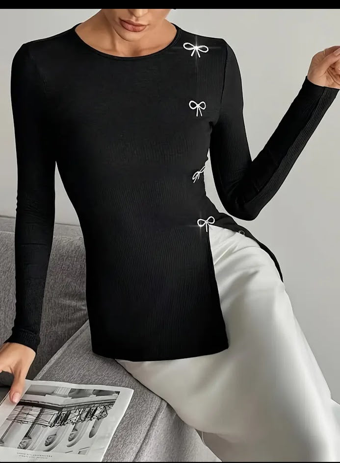 Black Ribbed Bow Detail Top – Size Medium, Long Sleeve Slim Fit Elegant Knit
