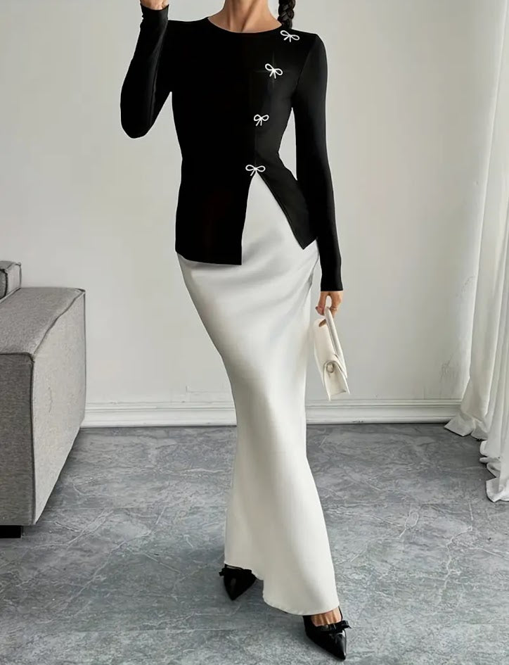 Black Ribbed Bow Detail Top – Size Medium, Long Sleeve Slim Fit Elegant Knit