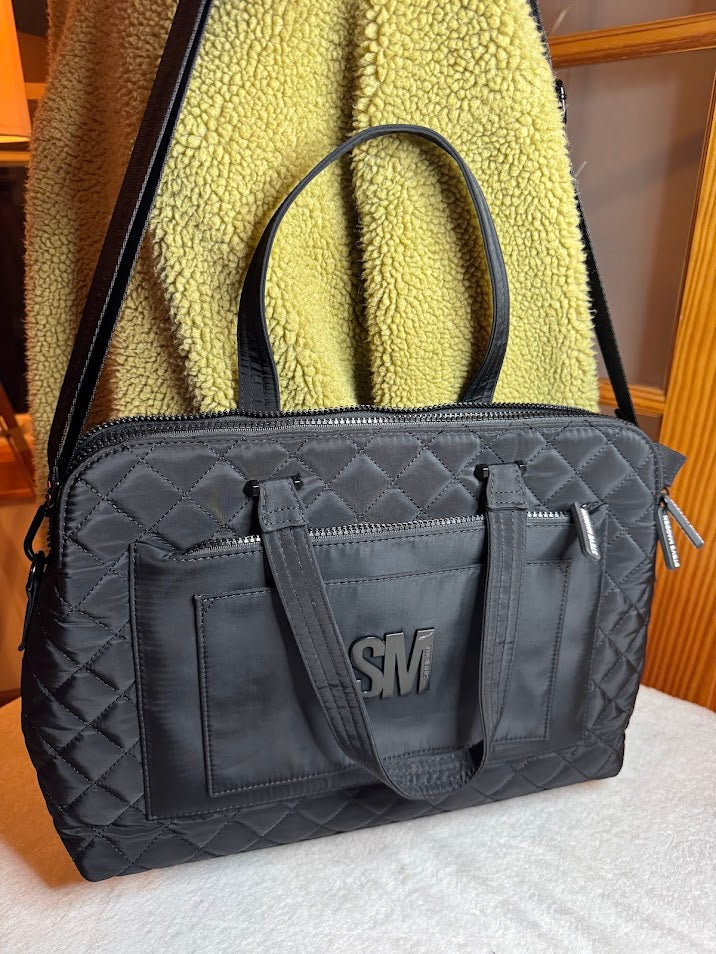 Black Quilted Shoulder & Tote Bag with SM Logo – Versatile Travel, Work, or Everyday Carryall