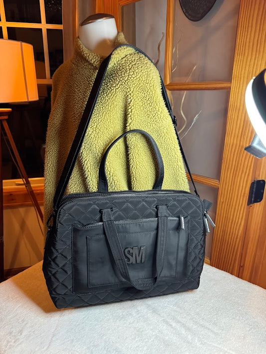 Black Quilted Shoulder & Tote Bag with SM Logo – Versatile Travel, Work, or Everyday Carryall