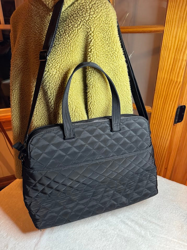 Black Quilted Shoulder & Tote Bag with SM Logo – Versatile Travel, Work, or Everyday Carryall