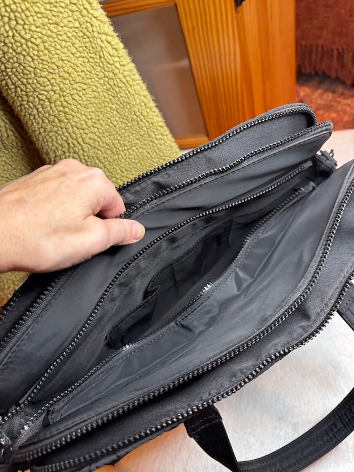 Black Quilted Shoulder & Tote Bag with SM Logo – Versatile Travel, Work, or Everyday Carryall