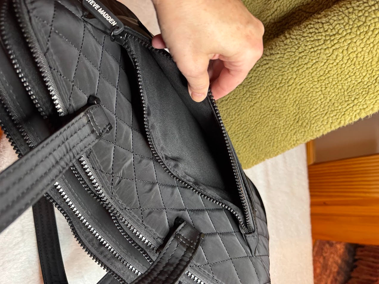 Black Quilted Shoulder & Tote Bag with SM Logo – Versatile Travel, Work, or Everyday Carryall
