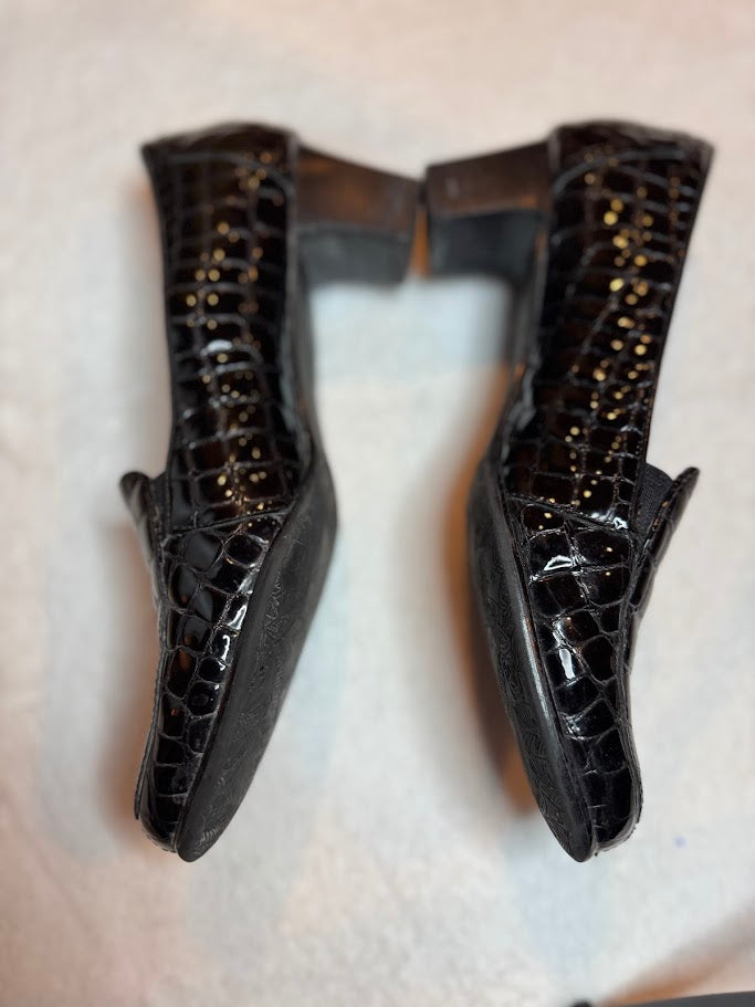 Black Croc-Embossed Loafers – 2" Heel Comfort Slip-On Shoes (Size 7)