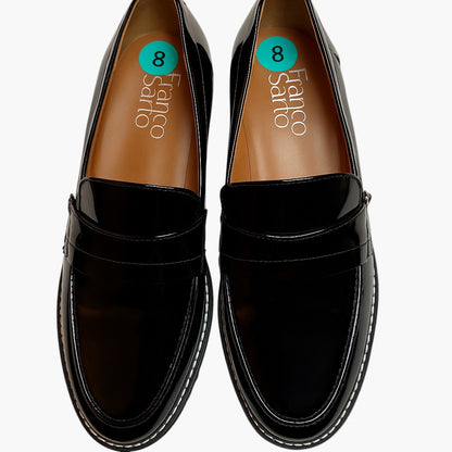 Franco Sarto Black Patent Loafers Women’s Size 8 Chunky Lug Sole Slip On Shoes