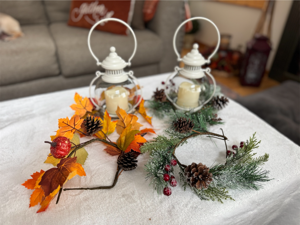 Home Reflections Lanterns with Seasonal Rings | Harvest Pumpkin & Pinecone Greenery | Indoor Outdoor Decor