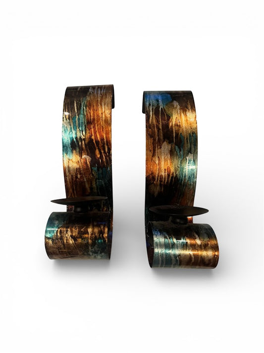 Blue & Bronze Patina Metal Wall Candle Holders – Set of 2