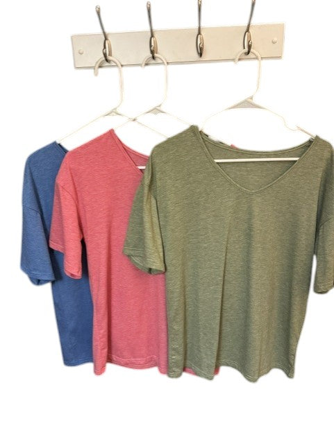 Women's Essential V-Neck Tee Bundle – Set of 3 (Blue, Pink & Army Green) Size Medium